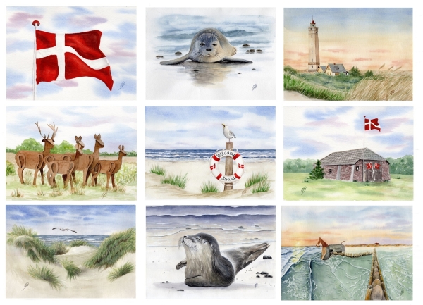 Postkarte DIN-A5 Aquarell Maritim Kunst Druck Kunstdruck Nordsee Dänemark Danmark Blåvand Blavand Dünen Leuchtturm Strand Seehund Maultiere